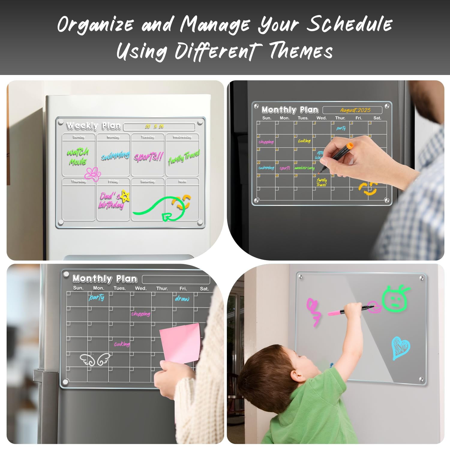 DIYMAG Magnetic Calendar for Refrigerator, 3 Pack Magnetic Planning Board for Fridge,  Acrylic Dry Erase Whiteboard with 6 Highlight  (Clear)