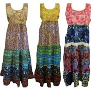 Mogul Womens Sleeveless Dress Cotton Colorful Printed Bohemian Fashion Holiday Beach Sundress S