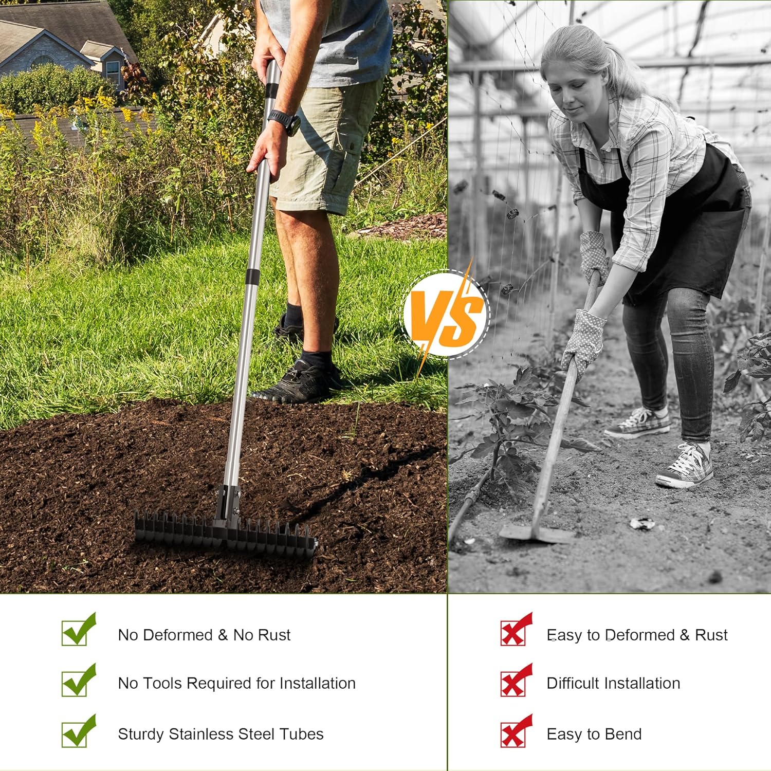 JouZYA Lawn Thatch Rake, 15-Inch Steel Dethatcher, Adjustable 0-15° Angle & 38-68" Length, Heavy-Duty Yard Tool for Dead Grass Removal & Lawn Care