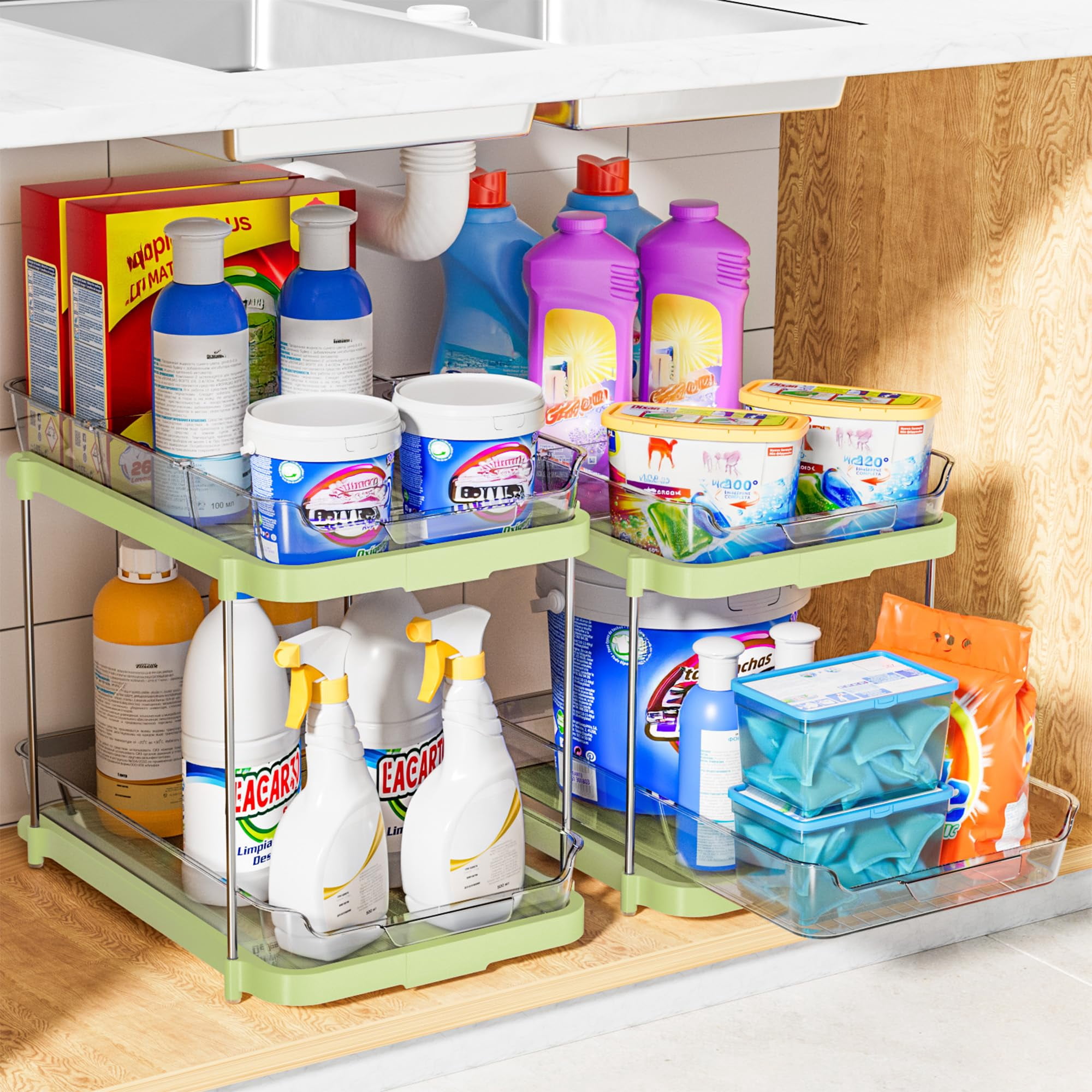 2-tier Multi-purpose Bathroom Under Sink Organizers And Storage  Stackable Kitchen Pantry Organization Pull Out Cabinet Organizer With Movable Dividers Green 2 Pack