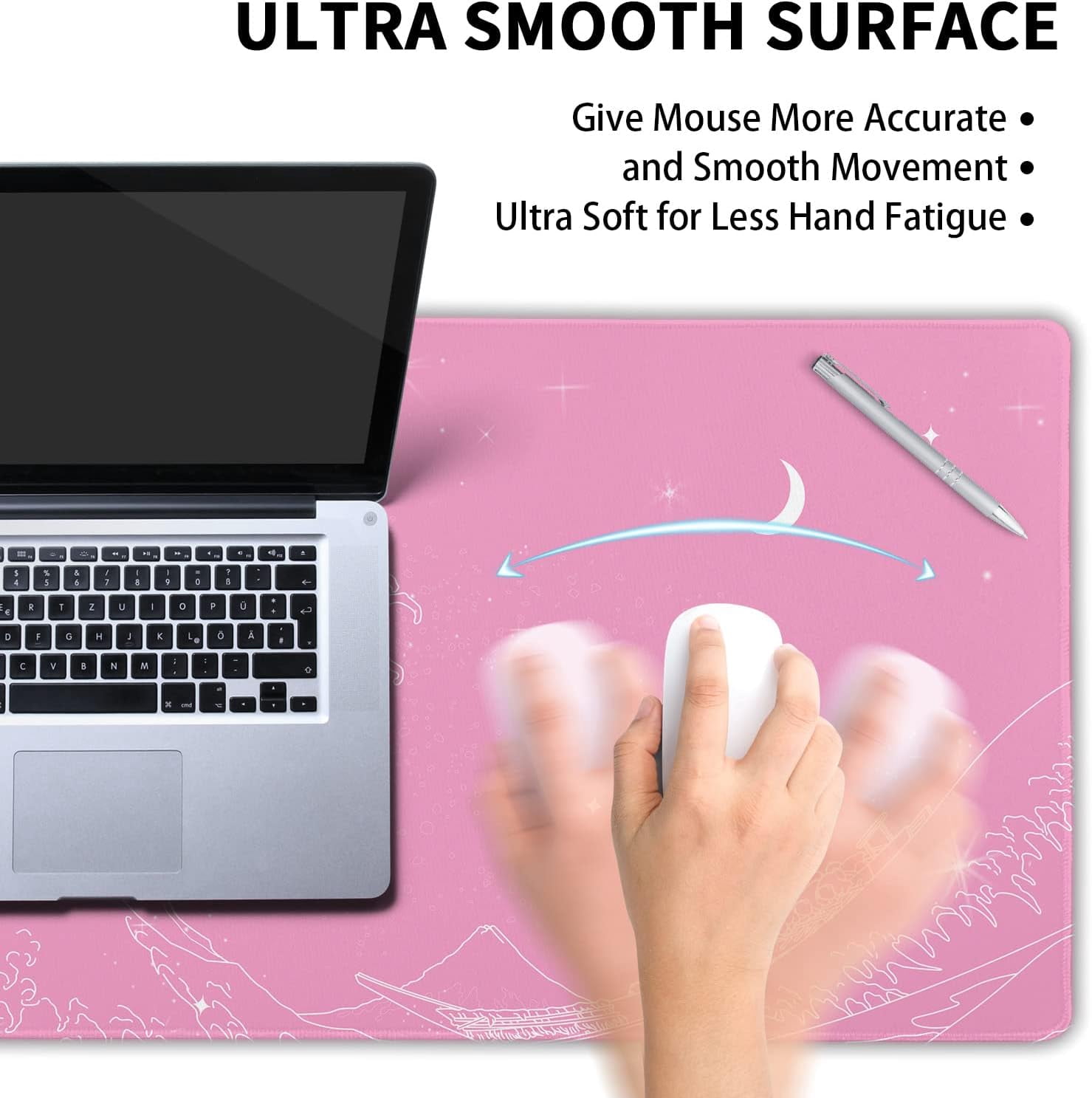 Pink Japanese Anime Gaming Mouse Pad XXL Cute Kawaii Wave Moon Extended Large Desk Mat Big Mousepad Non-Slip Rubber Base Stitched Edge Long Mousepad for Desktop Office PC Computer, 35.4 x 15.7 inches