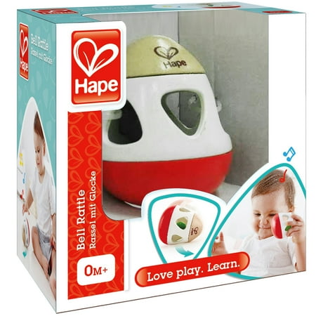 Hape: Bell Rattle - Red-White-Green Egg Shaped Easy Grip Shake Toy Roly Poly Rolls & Loops Back Soft Sounds Sensory Play Infant & Babies Age 0mo+
