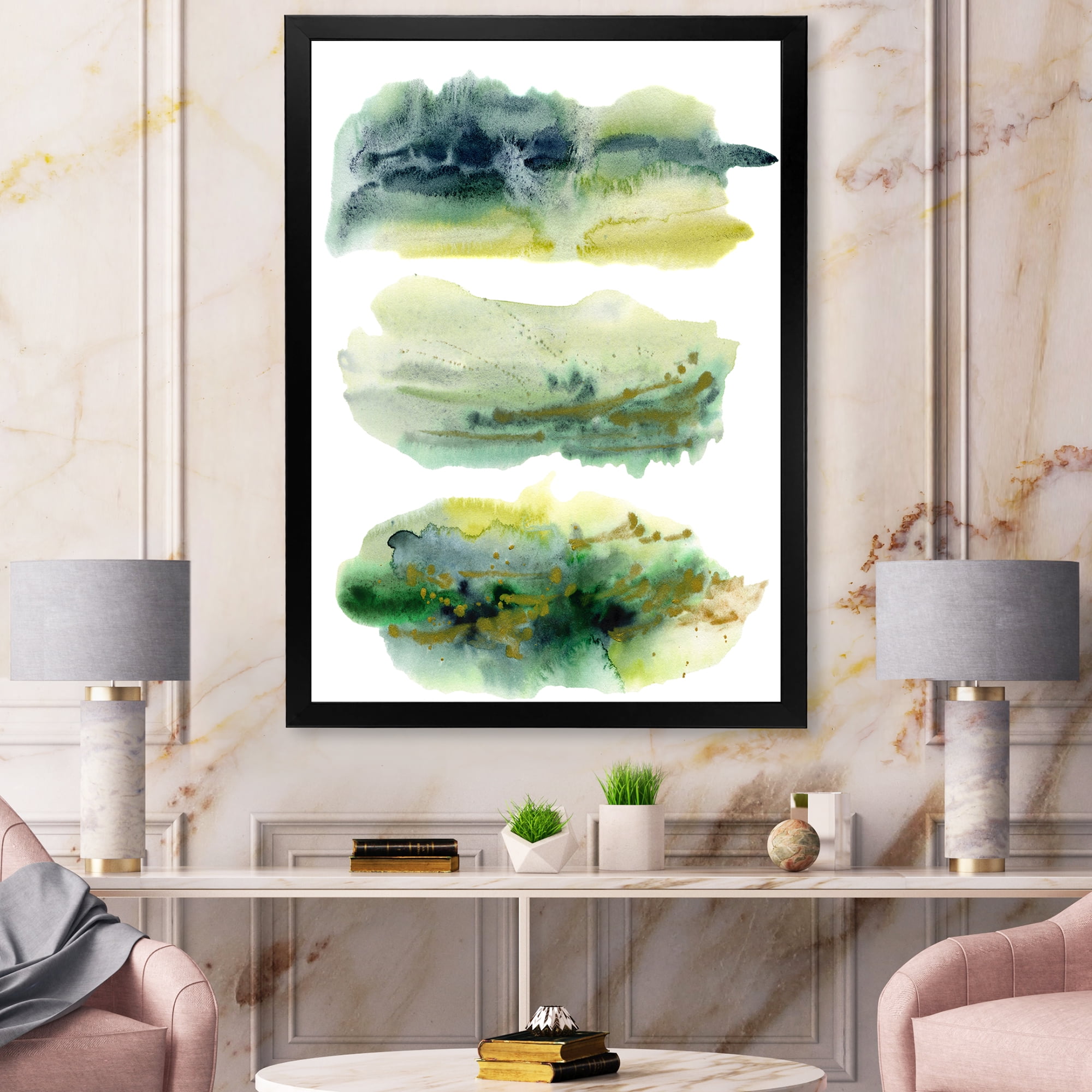 Designart 'Golden Green Abstract Clouds I' Modern Framed Art Print