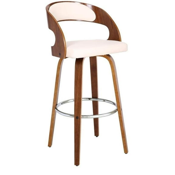 Maklaine 30" Faux Leather Swivel Barstool In Cream and Walnut Wood