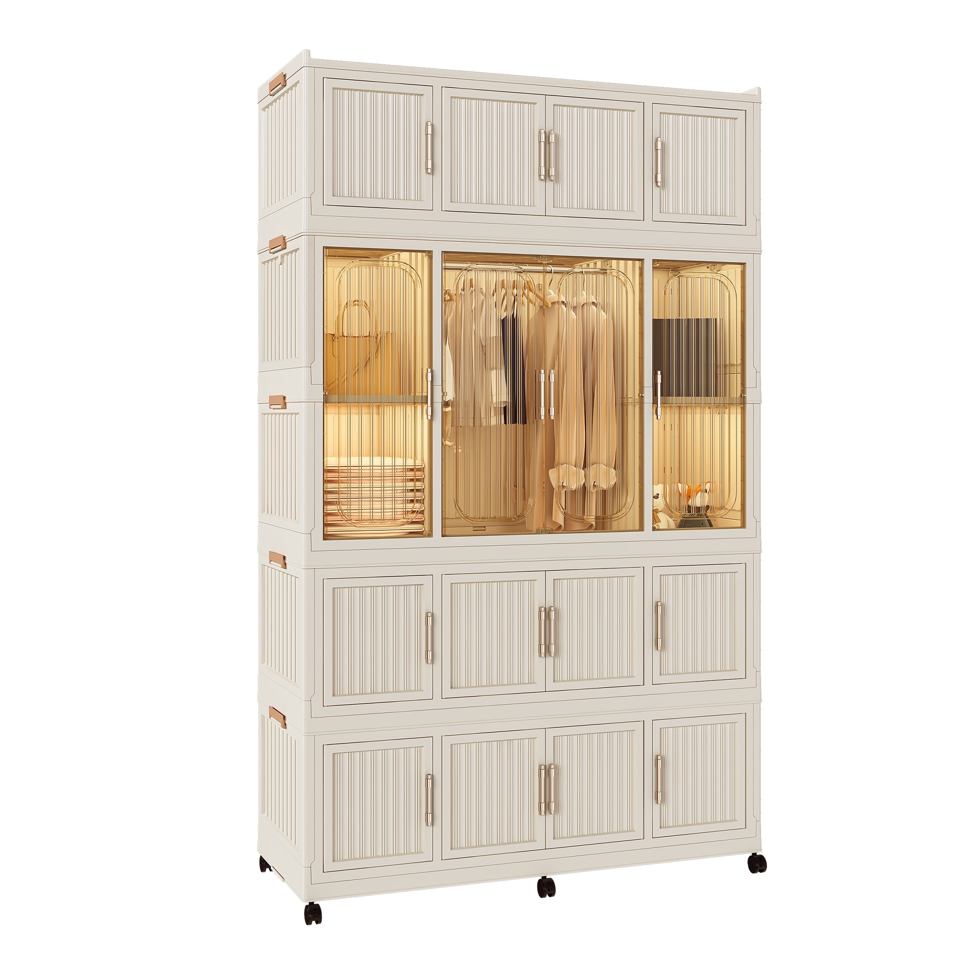 Mintazer 77" Foldable Storage Wardrobe with Wheels, Portable Closet Organizer with Magnetic Doors & Hanging Rods, Plastic Armoire for Clothes Toys Books, White