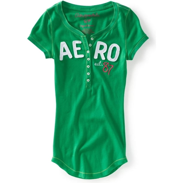 Aeropostale - Camiseta henley con manga adornada para mujer, verde, pequeña