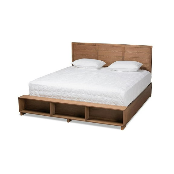 Baxton Studio Alba Modern Transitional Ash Walnut Brown Finished Wood King Size 4-Drawer Platform Storage Bed with Built-In Shelves