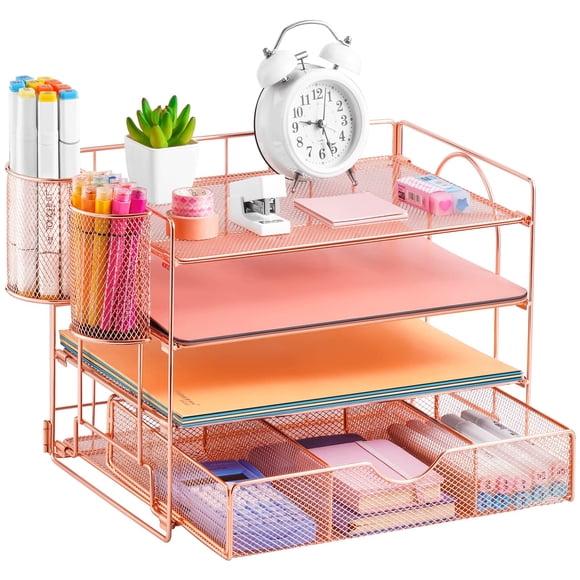 Organizador de escritorio Lavatino Rose Gold con cajón, 4 bandejas de metal