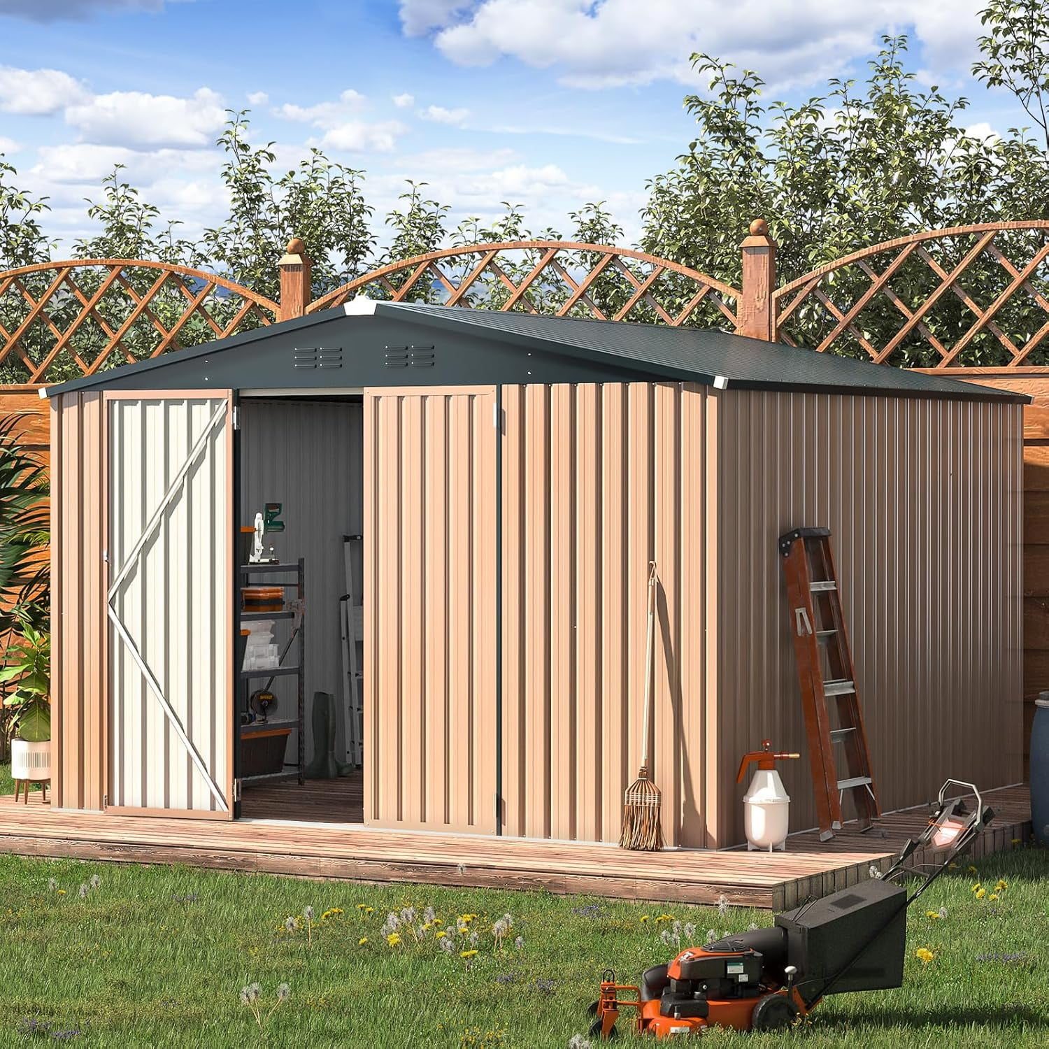 YODOLLA 10 x 10 ft. Outdoor Metal Storage Shed with Sliding Roof & Lockable Door in Brown for Patio, Garden& Backyard