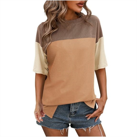 Womens Color Block Fashion Short Sleeve Crewneck Knitted Spring Summer Casual Loose T Shirts Tops