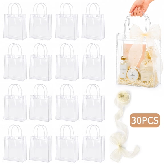 Topsome 30 Pack Clear Plastic Gift Bags with Handles, 6.2 x 5.7 x 2.7 Inch Reusable Party Favor Bags with Ribbon, Transparent PVC Gift Wrap Bags for Weddings Birthdays, Boutique