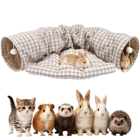 Bunny Tunnel Bed, 2-in-1 Collapsible Hideout with Removable Cushion, Bunny Play Tunnel with Checkered Pattern, Suitable for Indoor Cats, Rabbits and Other Small Animals