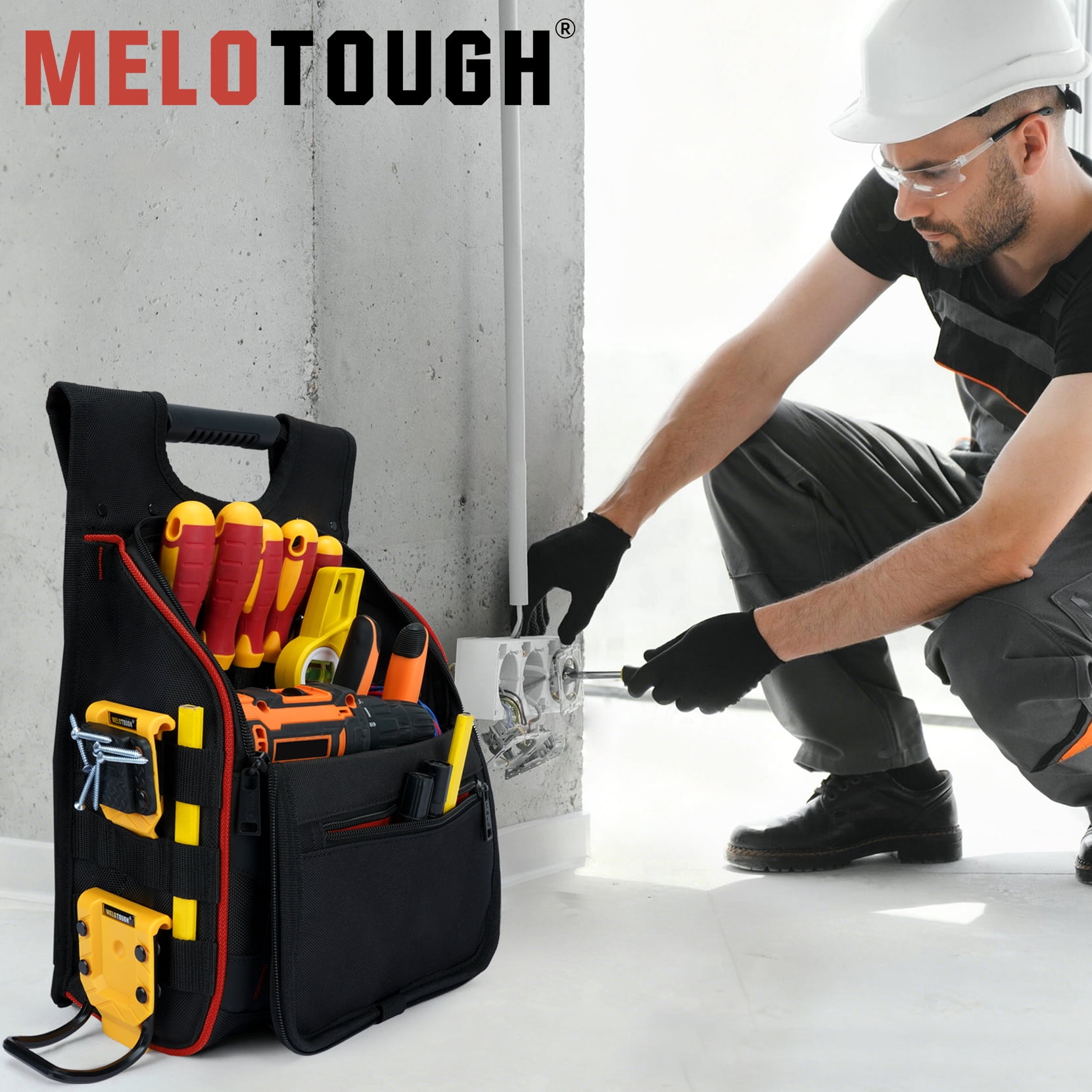 MELOTOUGH Electrician Tool Pouch with Shoulder Strap, Zippered Flip Cover Tool Pouch Bag with Multiple Storage Pockets for Electricians, Technicians, Maintenance