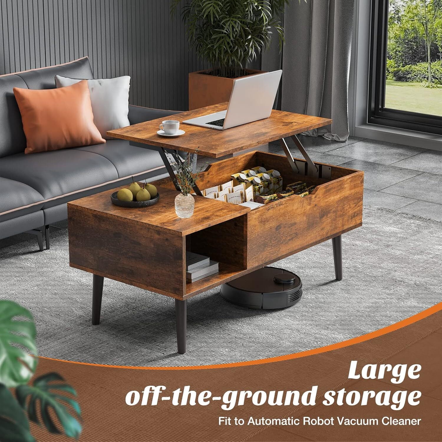 AENKYO Coffee Table, Lift Top Coffee Tables for Living Room with Storage Shelf and Hidden Compartment,Brown