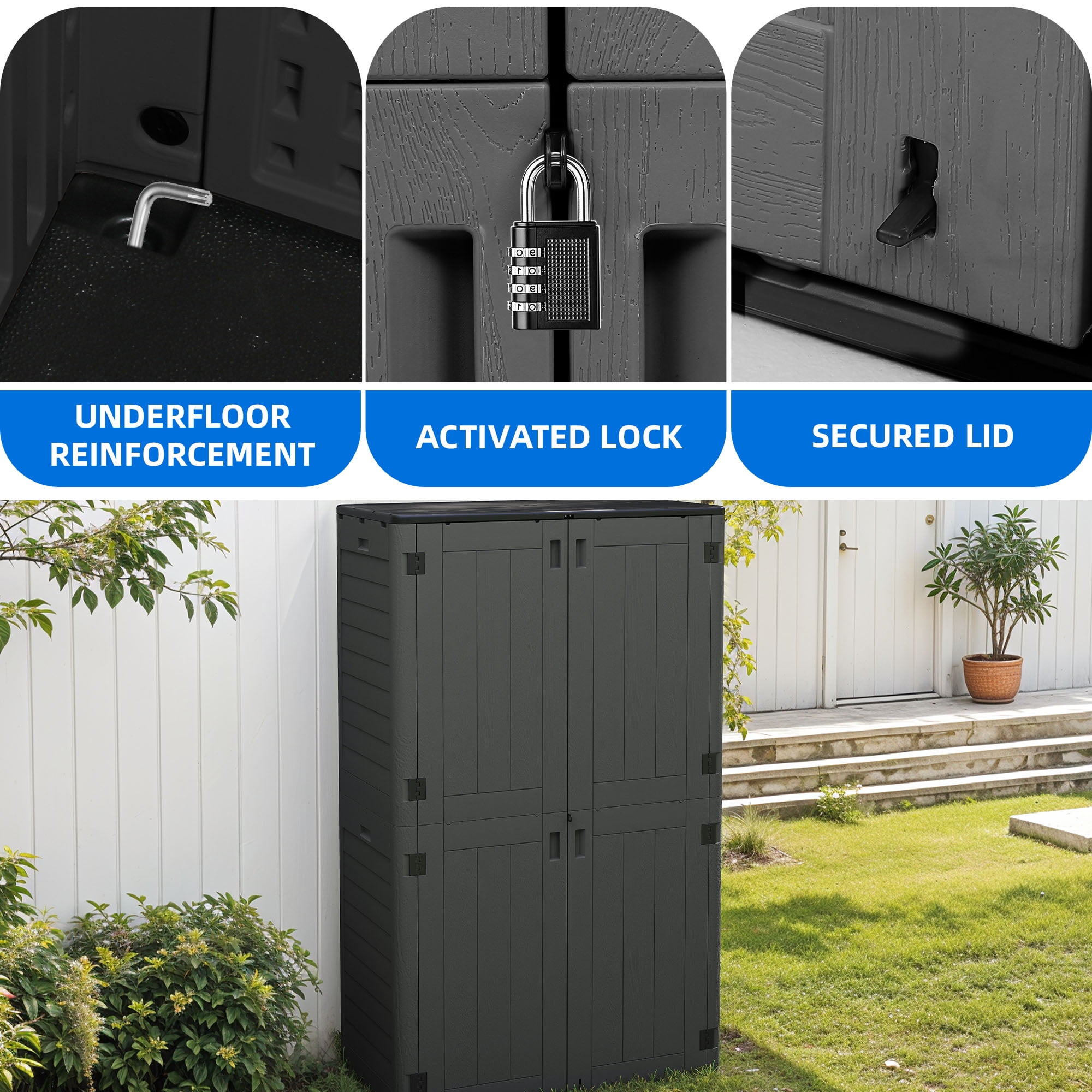 Dextrus Outdoor Vertical Storage Shed, 25 Cubic Feet without Shelving for Bicycles, Garden Tools, Garage, Poolside, Dark Gray & Black