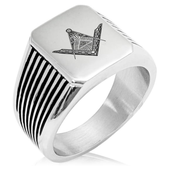 Stainless Steel Freemasons Masonic Eye of Providence Needle Stripe Pattern Biker Style Polished Ring