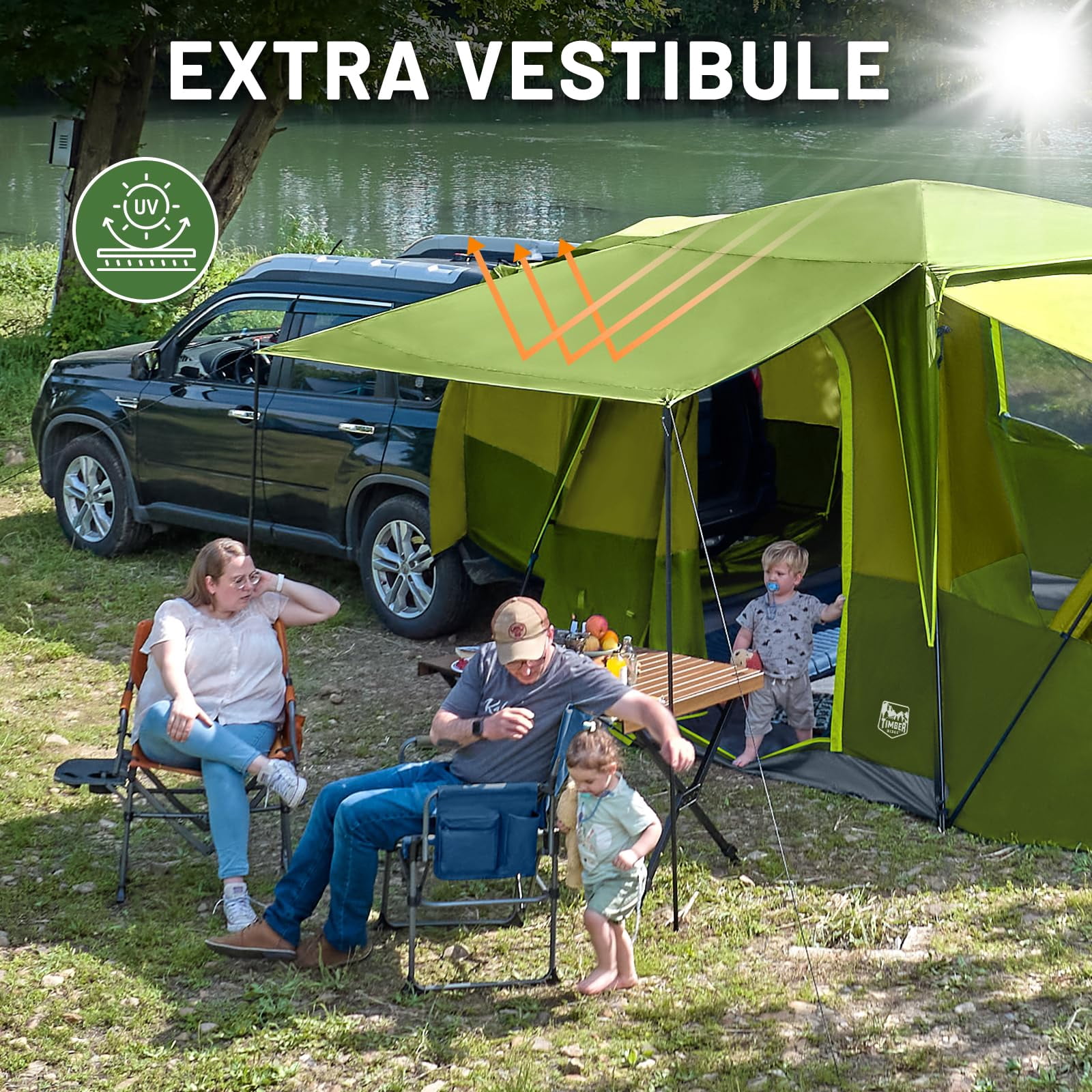 Timber Ridge 5-9 Person SUV Tent with Screen Porch and Awning for Family Camping, Weather Resistant and Portable Van or Car Tent,Green