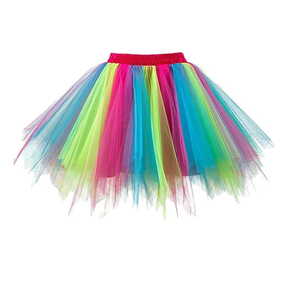 DHFJKG Women Tutu Skirt Fluffy Color Block Asymmetrical Hem Elastic Waist Rainbow Tulle Ballet Dance Mini Skirts Carnival Party Wear Versatile Skirt