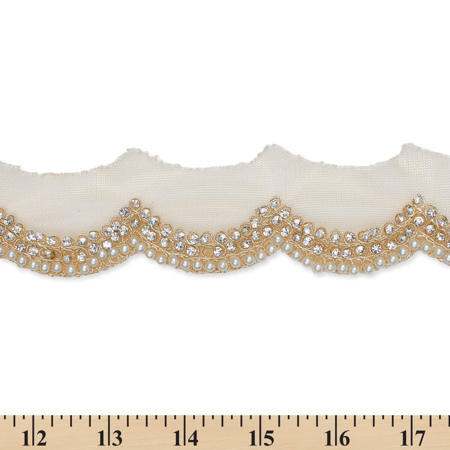 2 Inch Scalloped Regal Rhinestones Beads & Metallic Cording On Polyester Mesh Trim For Sewing, Crafts, Decor, Or Upholstery - Beige 10 Packs (9.8 Yards / 9 Meters, Each)