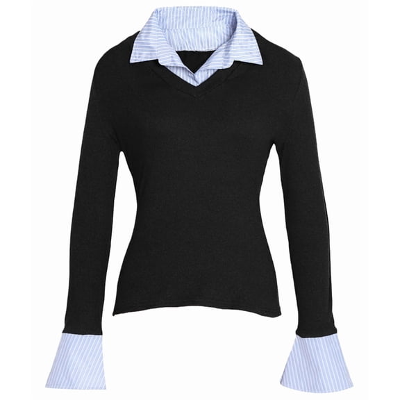 Womens Long Sleeve Pol-O Shirts Business Casual Work Tops Slim Fit V Neck Collared Patchwork Fall Outfits Black S