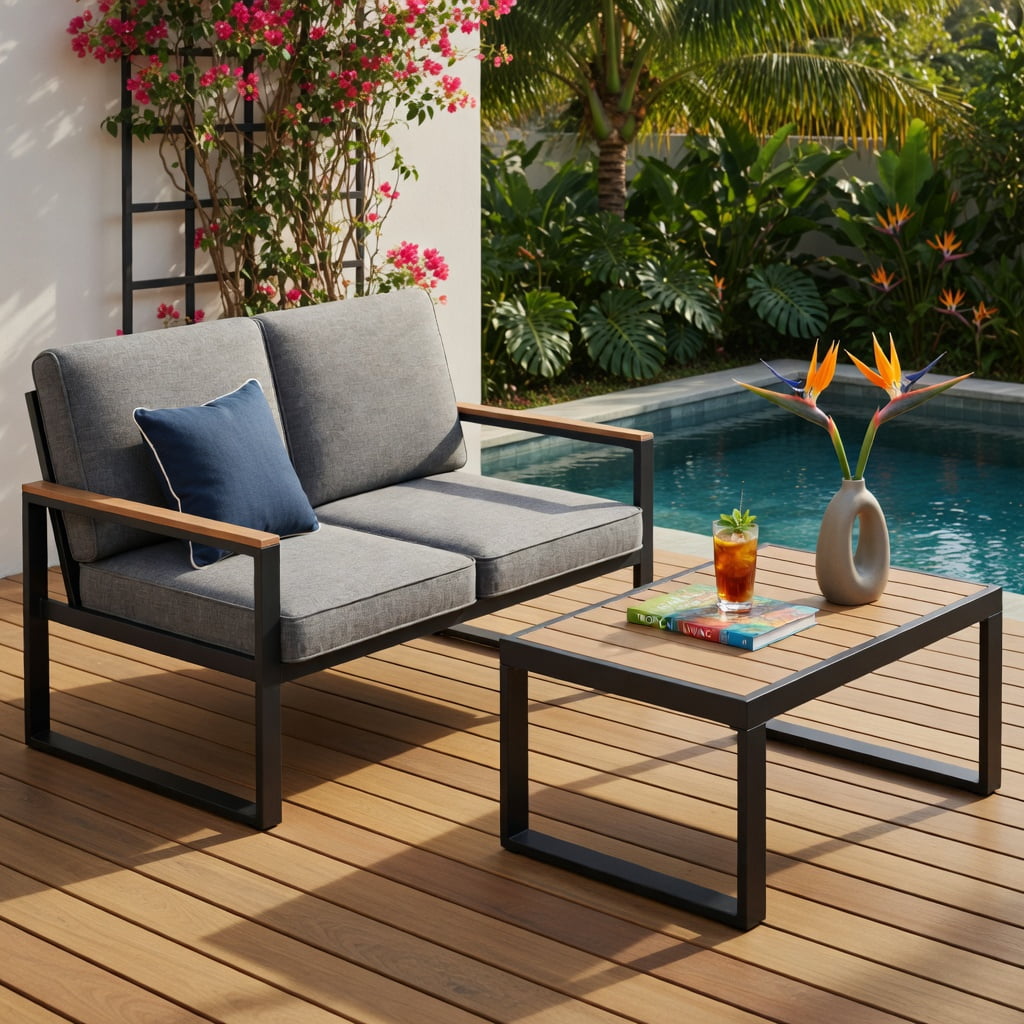 Hommoo 2-Piece Aluminum Patio Furniture Set, Cushioned Loveseat & Coffee Table with Wood-Plastic Armrests and Tabletop, Rust-Resistant Outdoor Seating for Backyard, Porch, Poolside, Gray