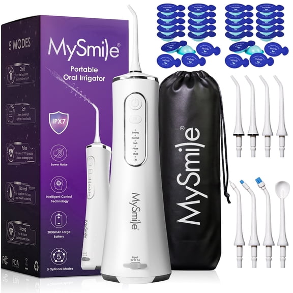 MySmile LP211 Portable Water Flosser Cordless for Teeth & 30pcs Mouthwash Combo, Power Water Dental Flosser Electric Picks, Rechargeable Oral Irrigator, Waterproof, 5 Modes, 8 Tips, Travel Bag, White