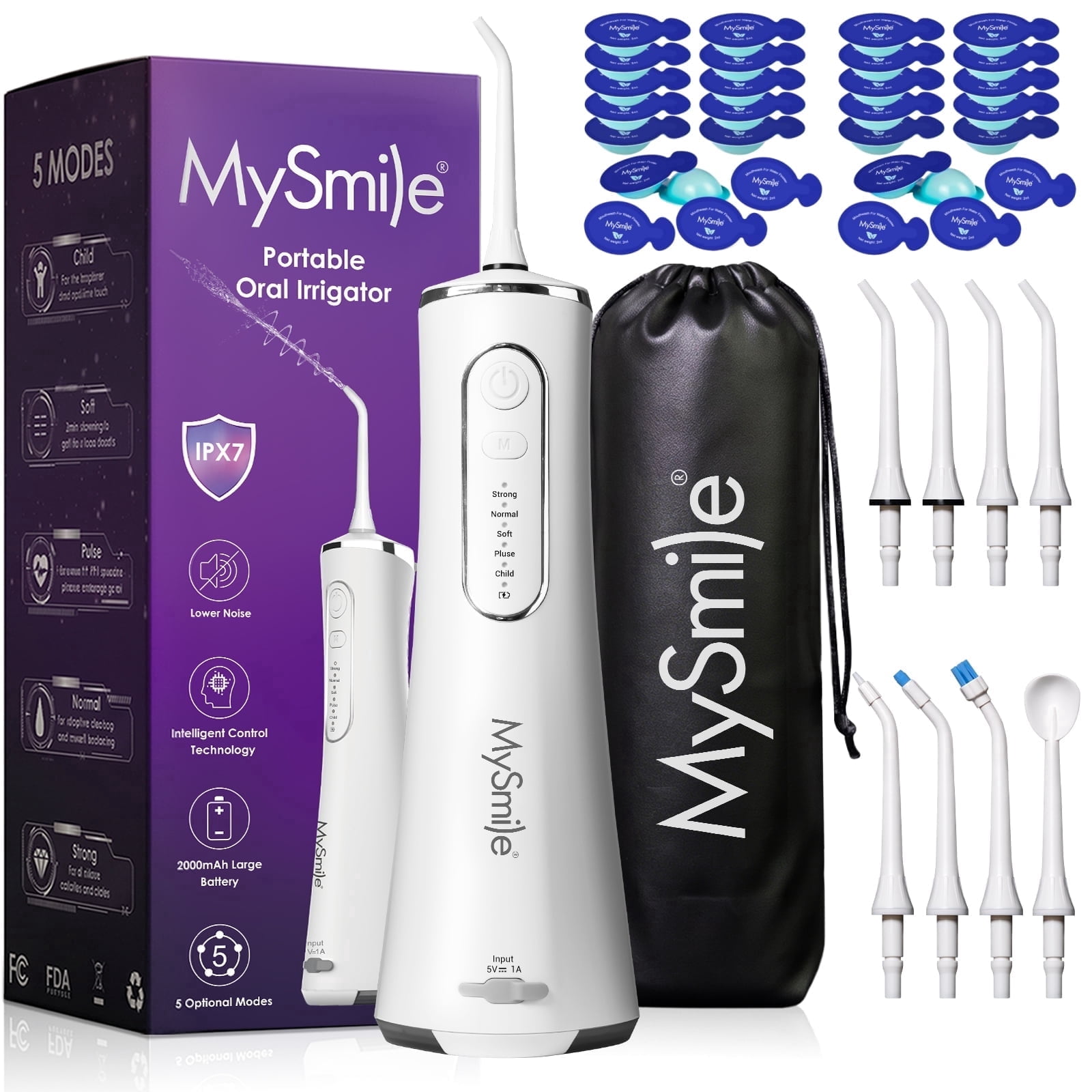 MySmile LP211 Portable Water Flosser Cordless for Teeth & 30pcs Mouthwash Combo, Power Water Dental Flosser Electric Picks, Rechargeable Oral Irrigator, Waterproof, 5 Modes, 8 Tips, Travel Bag, White