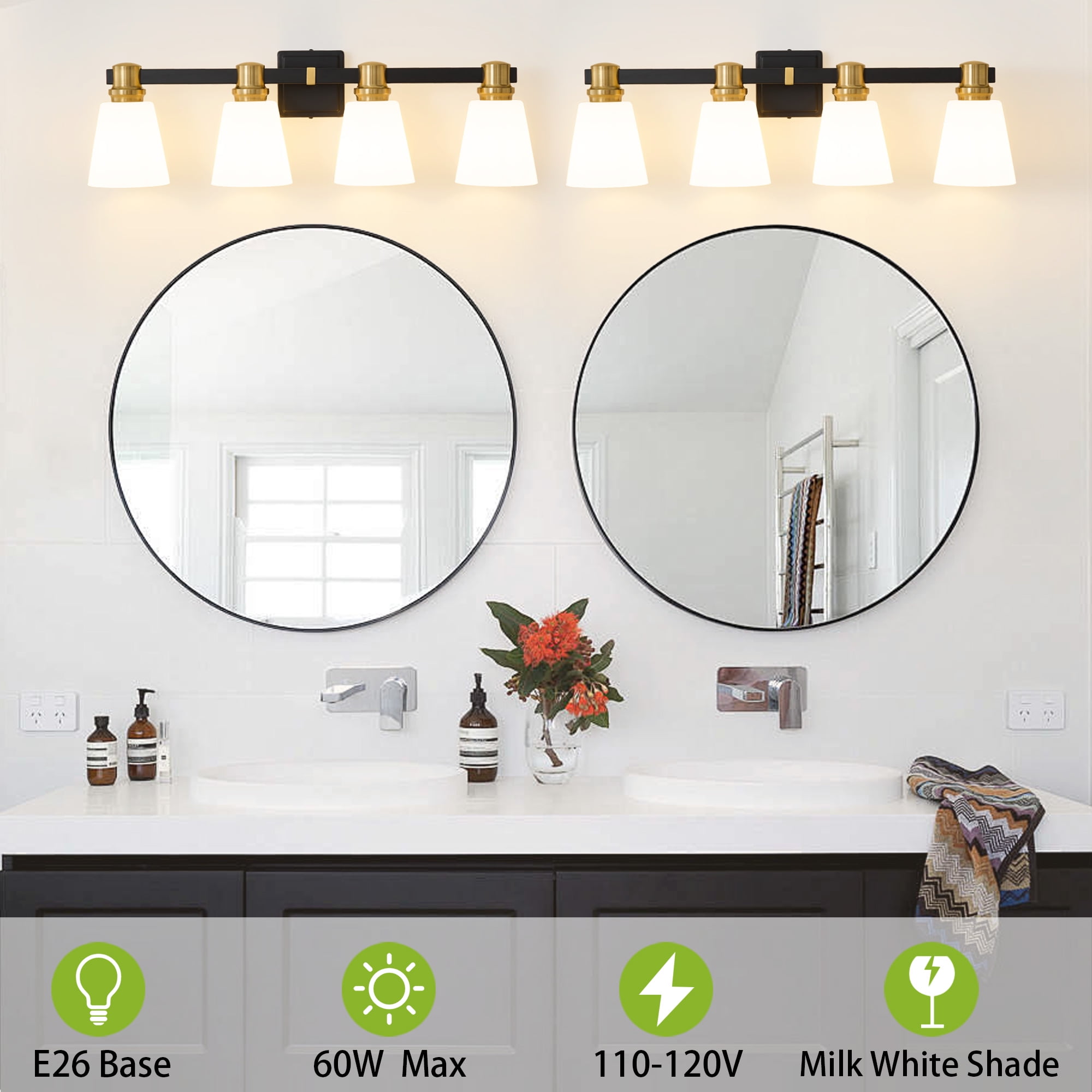 Deyidn 30" 4-Light Vanity Light, Black Gold Dimmable Bathroom Light Fixture with Milk White Cone Shades for Modern Farmhouse