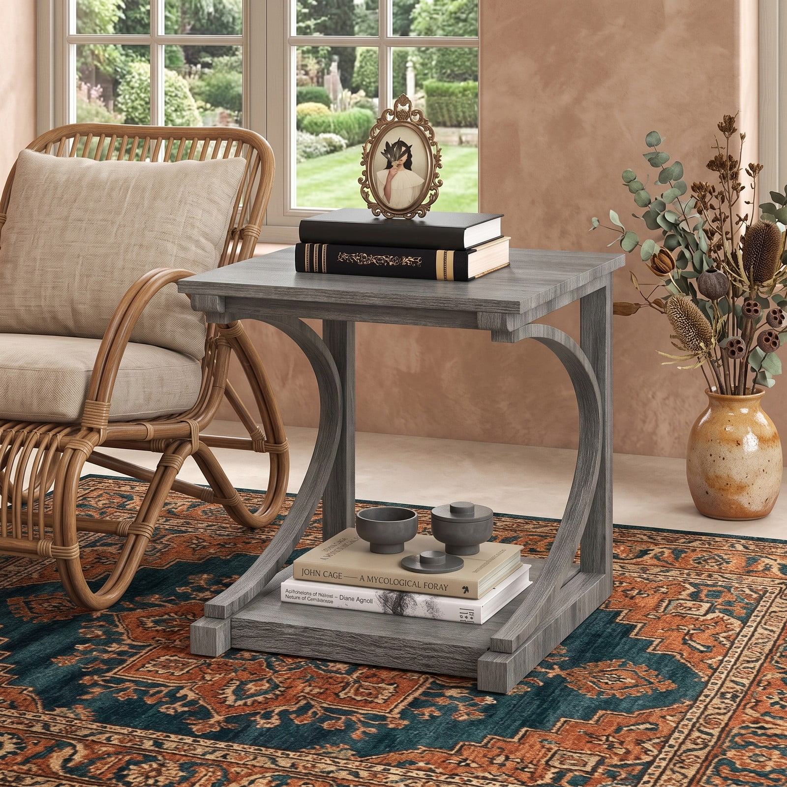 Furnibear C-Shaped End Table, 24 Inch 2-Tier Square Sofa Side Table with Storage Shelf, Rubber Wood Snack Couch Table for Living Room Bedroom, Grey