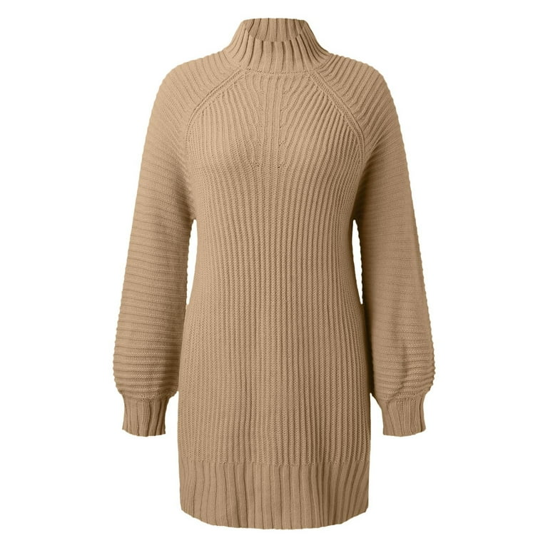 Fsqjgq Turtleneck Dresses for Women 2024 Casual Loose Long Sleeve Oversized Sweater  Dress Solid Color Knit Pullover Jumper Khaki-E L - Walmart.com