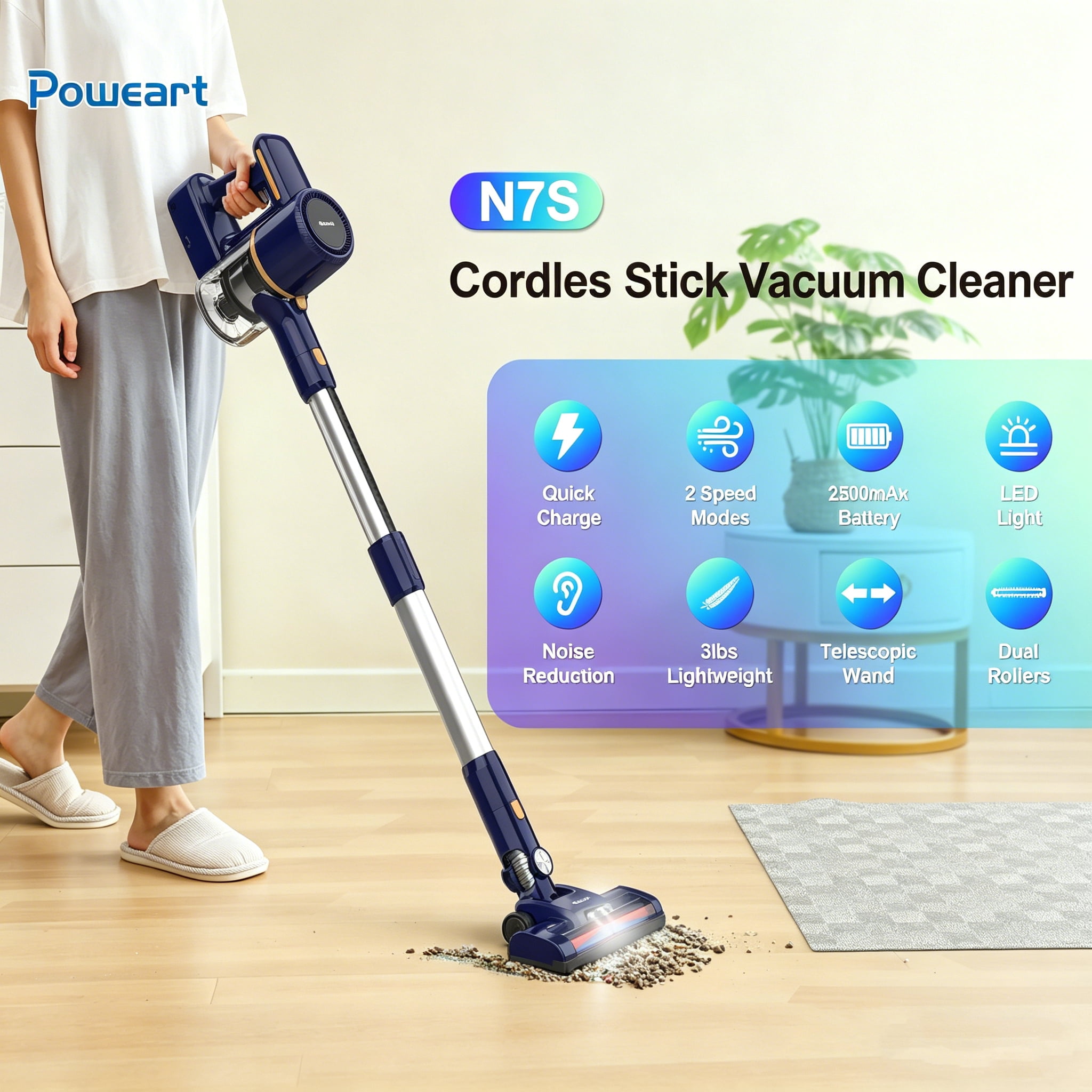 POWEART Lightweight Cordless Vacuum Cleaner 30kPa 55min Runtime, Cordless handheld Vacuum Cleaner for Carpet Floor,Hard Floor and Pet Hair