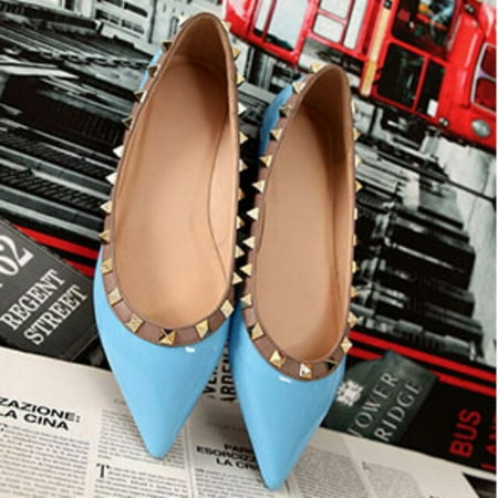 

Lady Shiny Patent Leather Flats With Rivets High Quality Fashion Shoes For Spring Pointy Toe Wide Fitting European And American