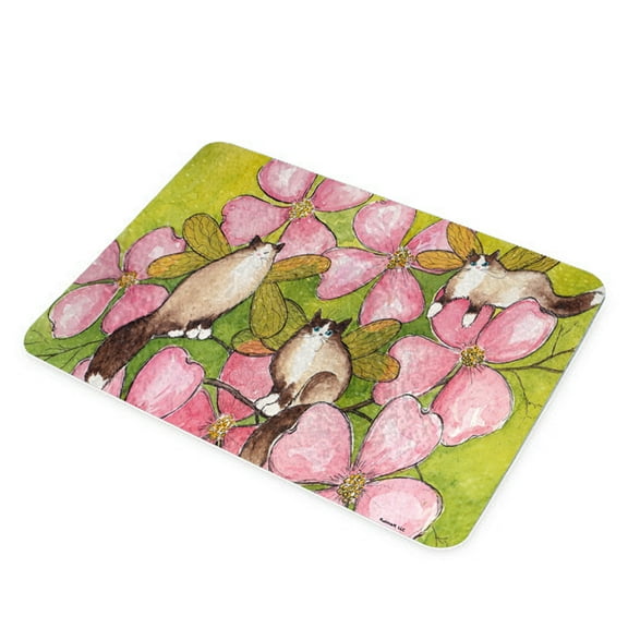 KuzmarK Glass Cheese Cutting Board 11"x7.75" - Ragdoll Kitty Fairies with Pink Dogwood Art by Denise Every