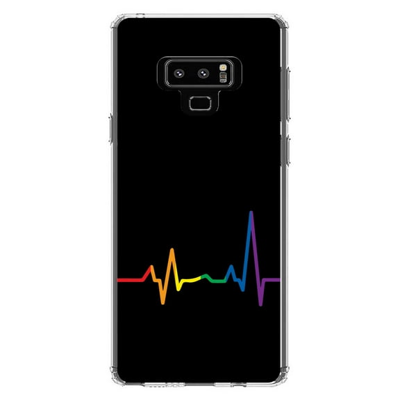 DistinctInk Clear Shockproof Hybrid Case for Samsung Galaxy Note 9 - TPU Bumper, Acrylic Back, Tempered Glass Screen Protector - Rainbow Pulse Heart Beat - LGBTQ Support