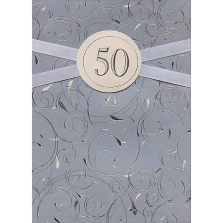 Designer Greetings Silver Foil Swirls with Ribbon and Tip On Circle Handmade: 50th Birthday