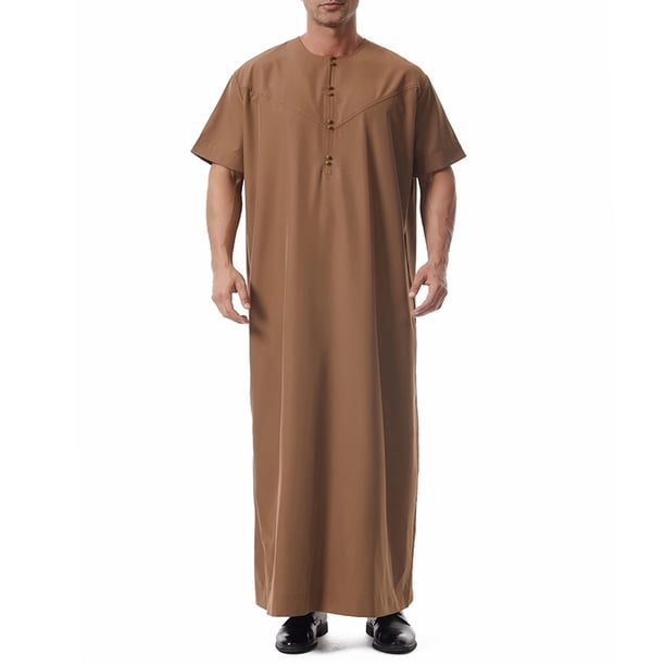 Tops para hombre, blusas y camisas de cuello redondo y manga corta para hombre, túnica musulmana para hombre, túnica árabe de estilo medio, camisa larga de manga corta con cuello abotonado y bolsillo,