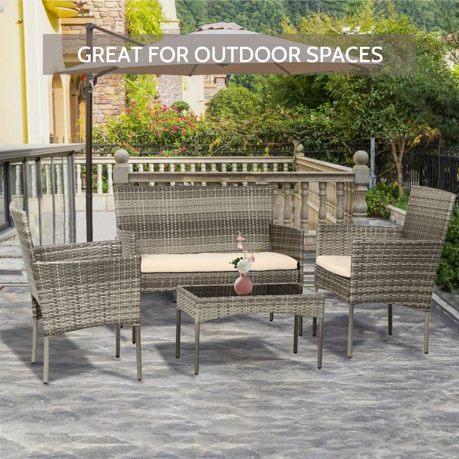 Patio Conversation Set 4 Pieces Patio Furniture Set Wicker with Rattan Chair Loveseats Coffee Table for Outdoor Indoor Garden Backyard Porch Poolside Balcony,Gray Wicker/Khaki Cushions - image 2 of 7