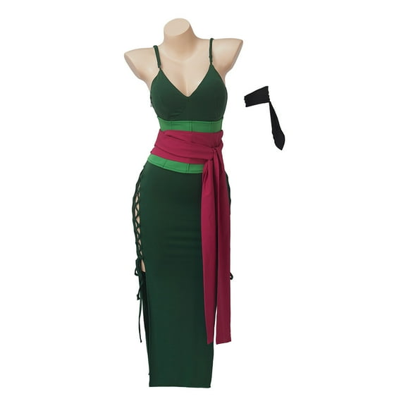 Female Zoro Green Sexy Dress With Belt Full Set Party Full Suit Outfit Women Adult