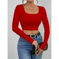 thumbnail image 5 of Long Sleeve Crop Tops for Women Ribbed Square Neck Slim Fitted Casual Lady Fashion Top Red XS, 5 of 6