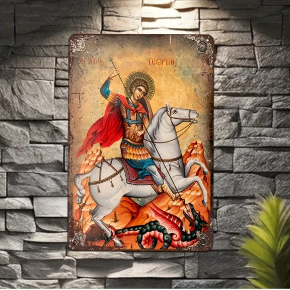 HELLOYOUNG StGeorgeDistressedArt Vintage Aluminum St. George Wall Art Sign - Distressed Finish, Christian Religious Home Decorative Poster