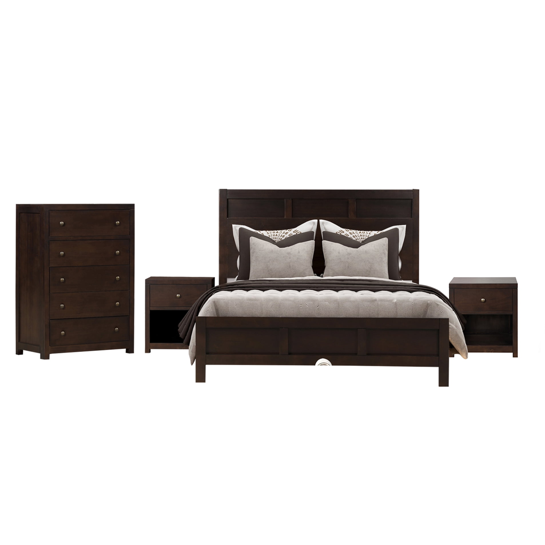 Classic Rich Brown 4 Pieces Queen Bedroom Set (Queen Bed + Nightstand*2