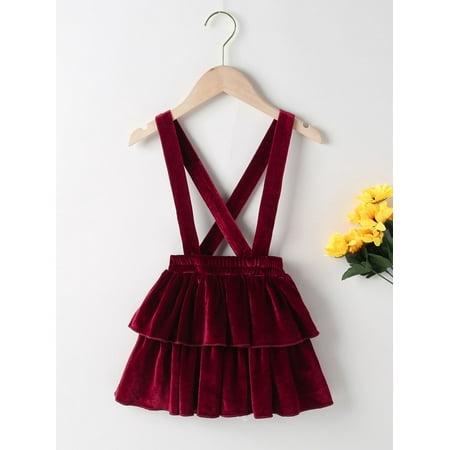 

Toddler Girls Two Layer Hem Velvet Suspender Skirt Burgundy Casual A040W
