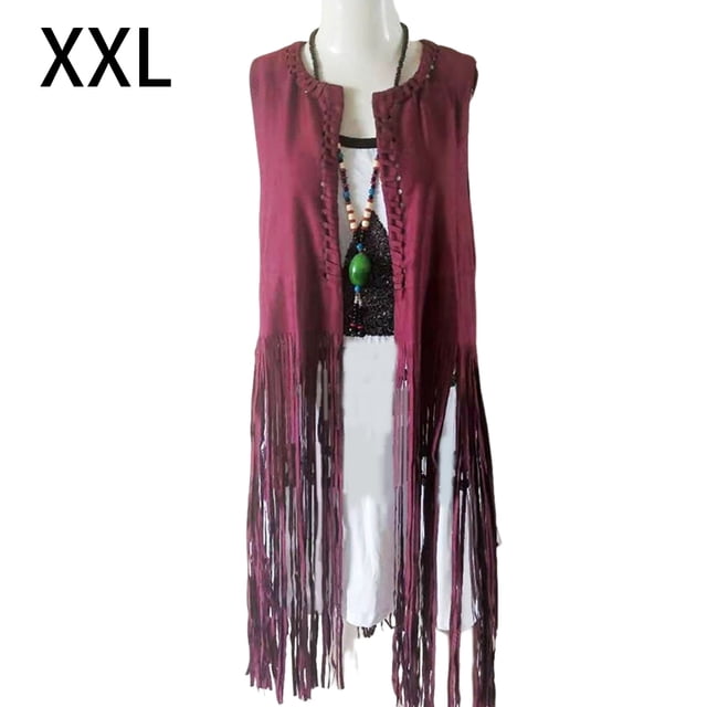 Gilet Sans Manches Ouvert Style Western Respirant avec Franges, Taille Rétractable, Cardigan pour Usage Quotidien, Rouge Vin TTG