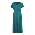 thumbnail image 2 of Women's V Neck Wrap Dress Twisted Slit Pleated Waist Tie Short Sleeve Midi Dresses Color Dark Green Size XL, 2 of 3