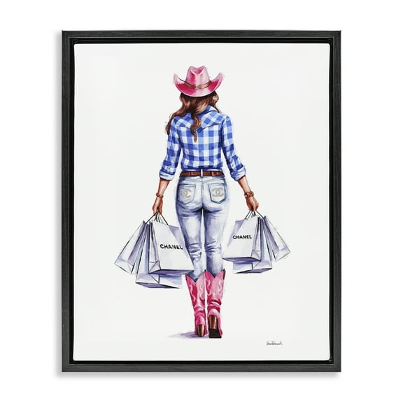 Stupell Industries Cowgirl & Shopping Bags People Painting Black Floater Framed Canvas Art Print Wall Art, 17 x 21