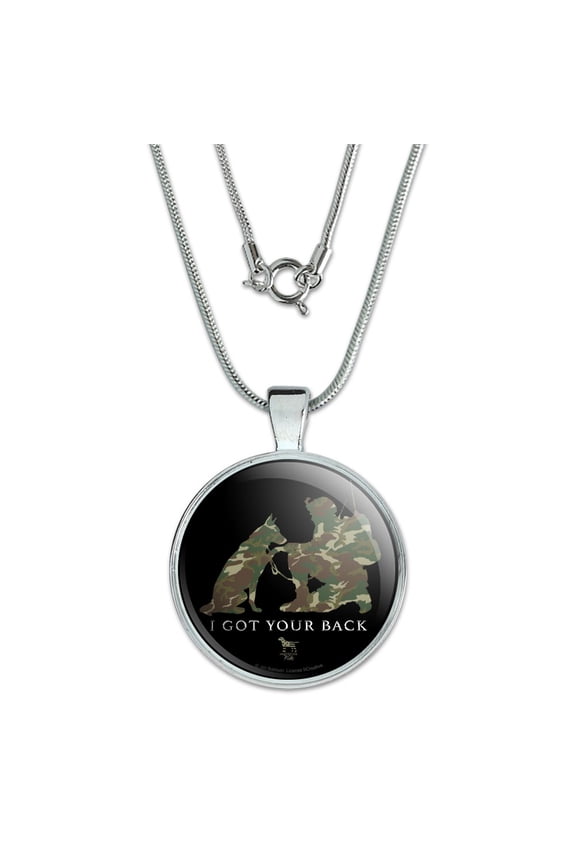 I Got Your Back Soldier and German Shepherd Dog Camo 1" Pendant with Sterling Silver Plated Chain