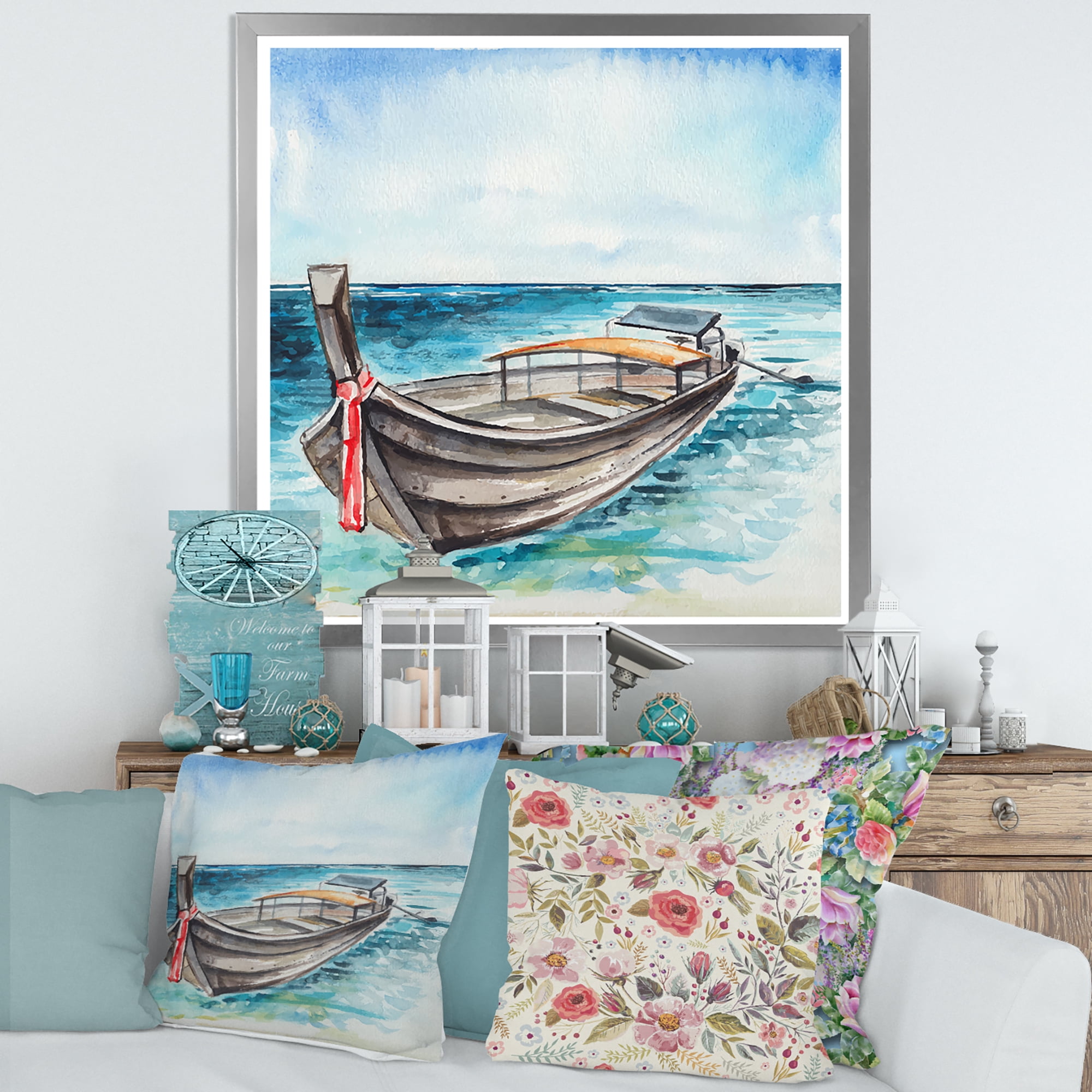 Designart 'Little Boat At The Lake Shore' Nautical & Coastal Framed Art Print