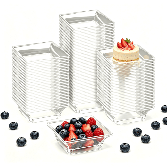 100 Pack 2.4" Mini Clear Dessert Plates, Small Disposable Plastic Trays for Appetizers, Sauces, Fruit & Candy Samples (Style 2)