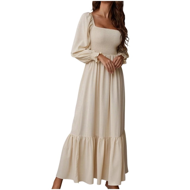 Vestidos Para Mujer Casual Maxi Vestidos Moda Manga Larga Pulóver Cuello Cuadrado Manga Larga Volante Cintura Alta Vestido Odeerbi ODB138988