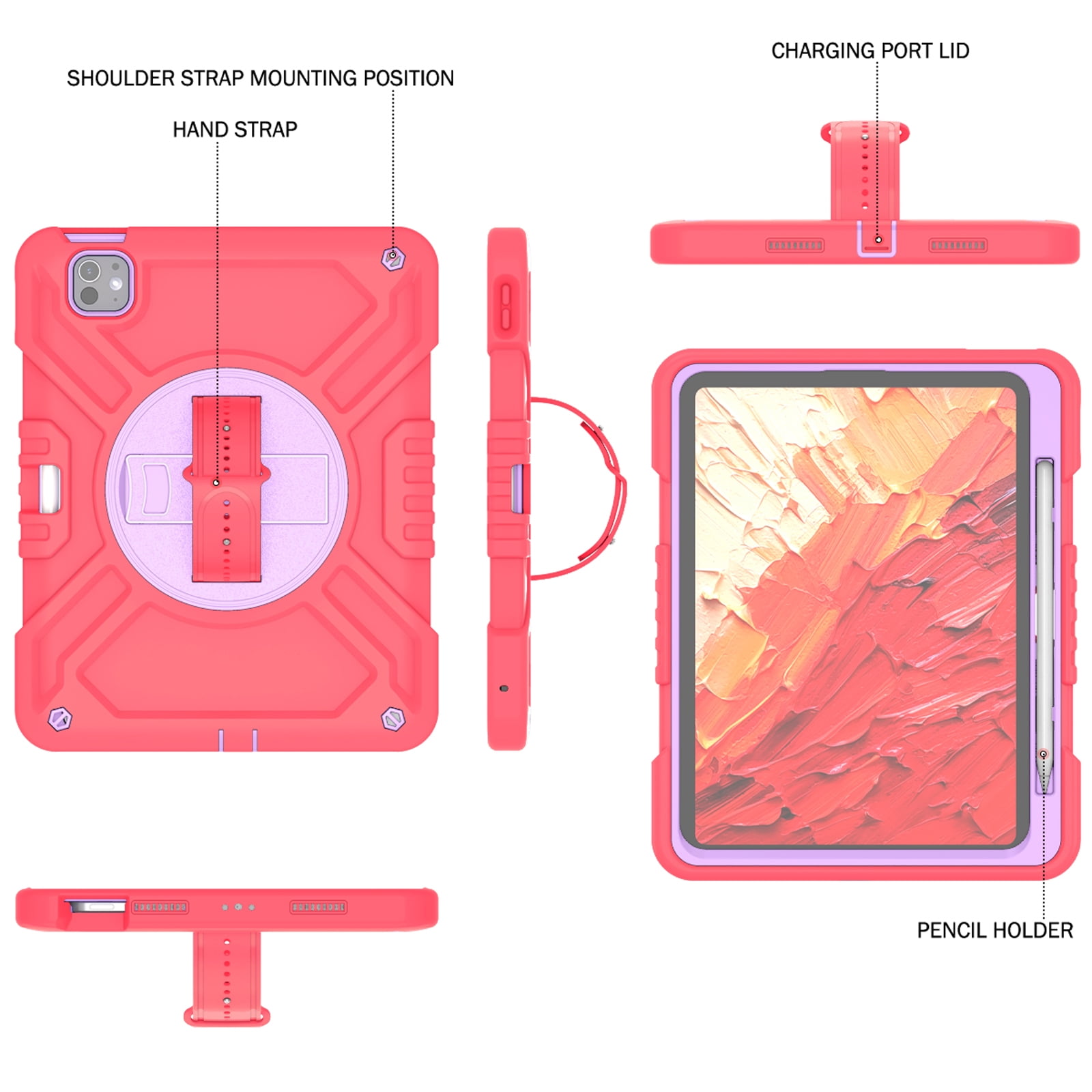 Military Grade Case for Apple iPad Pro 11 2024,Shoulder Strap Shockproof iPad Case with Pencil Holder 360 Rotating Hand Strap+Kicstand Rugged Siicone and Hard PC Case,Redpurple